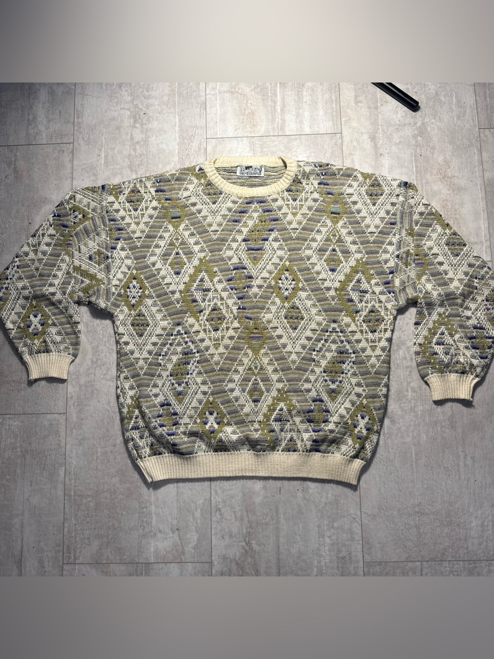 Vintage Progetto 80s Crewneck Geometric Knit Sweater Cream and Olive Sz L Italy